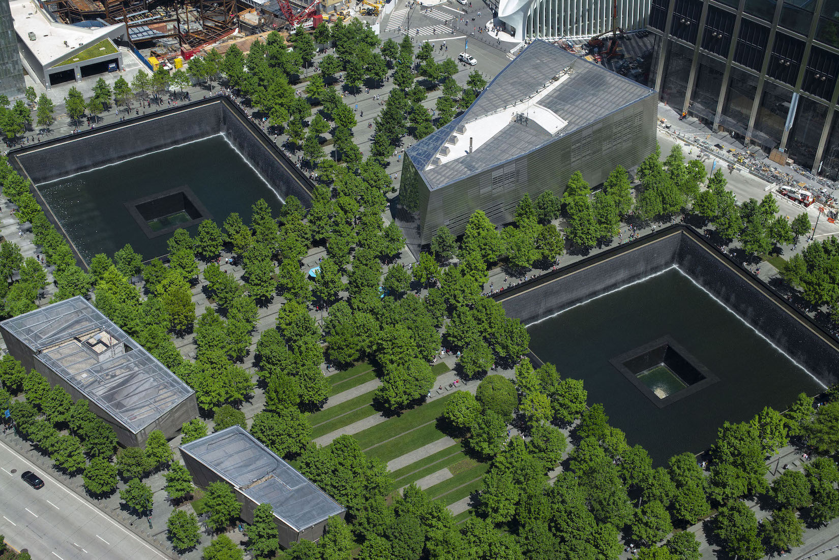 Aerial view of the 9/11 Memorial and Museum on Monday, May 21, 2018. Credit: 9/11 Memorial, Photo by Jin S. Lee