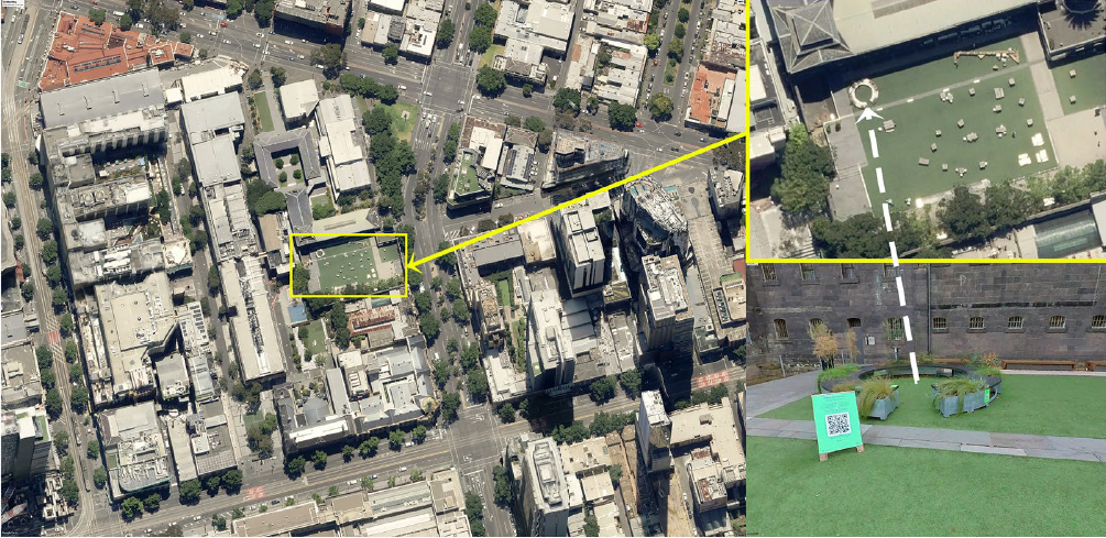 View of a city block (left image) of the RMIT University campus in the Melbourne CBD, and the location of the Alumni Courtyard (top right image) and the SGP (broken white arrow). Approximate scales can be estimated from the size of the SGP (6.5 m diameter)[1].